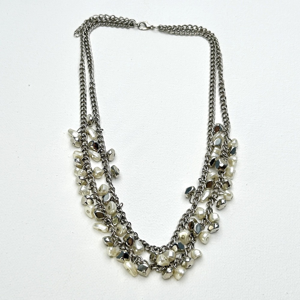 Double Strand Faux Pearl Silver Tone Nugget Cluster Necklace Curb Chain 17 Inch